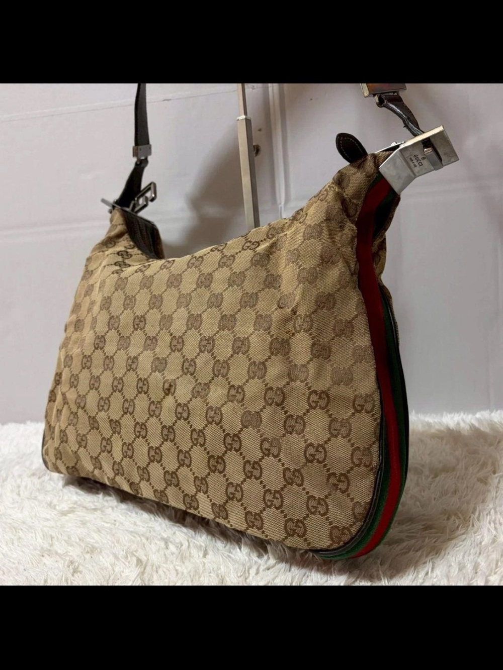 Gucci Beige GG Canvas Hobo Bag with Green-Red Trim